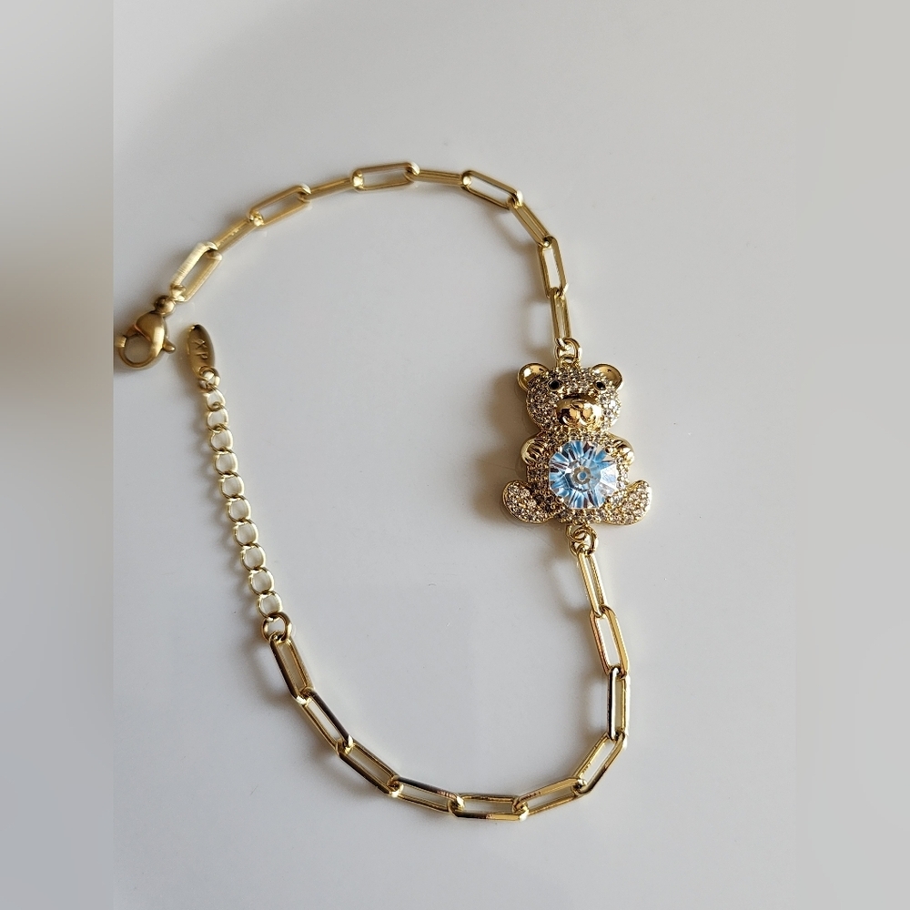 Gold Teddy Bear Bracelet with Blue Crystal Accent
